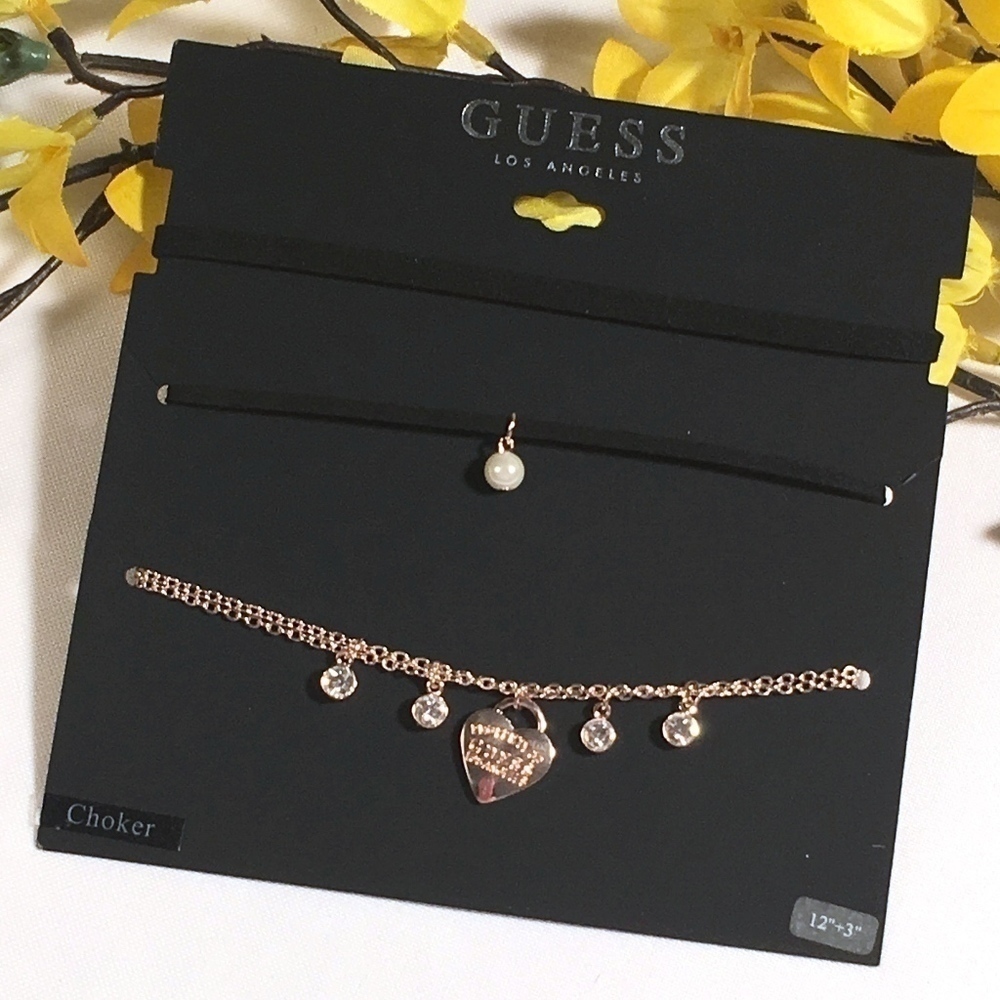 𝅺3/$29! GUESS Layered Choker Necklace Pearl Suede